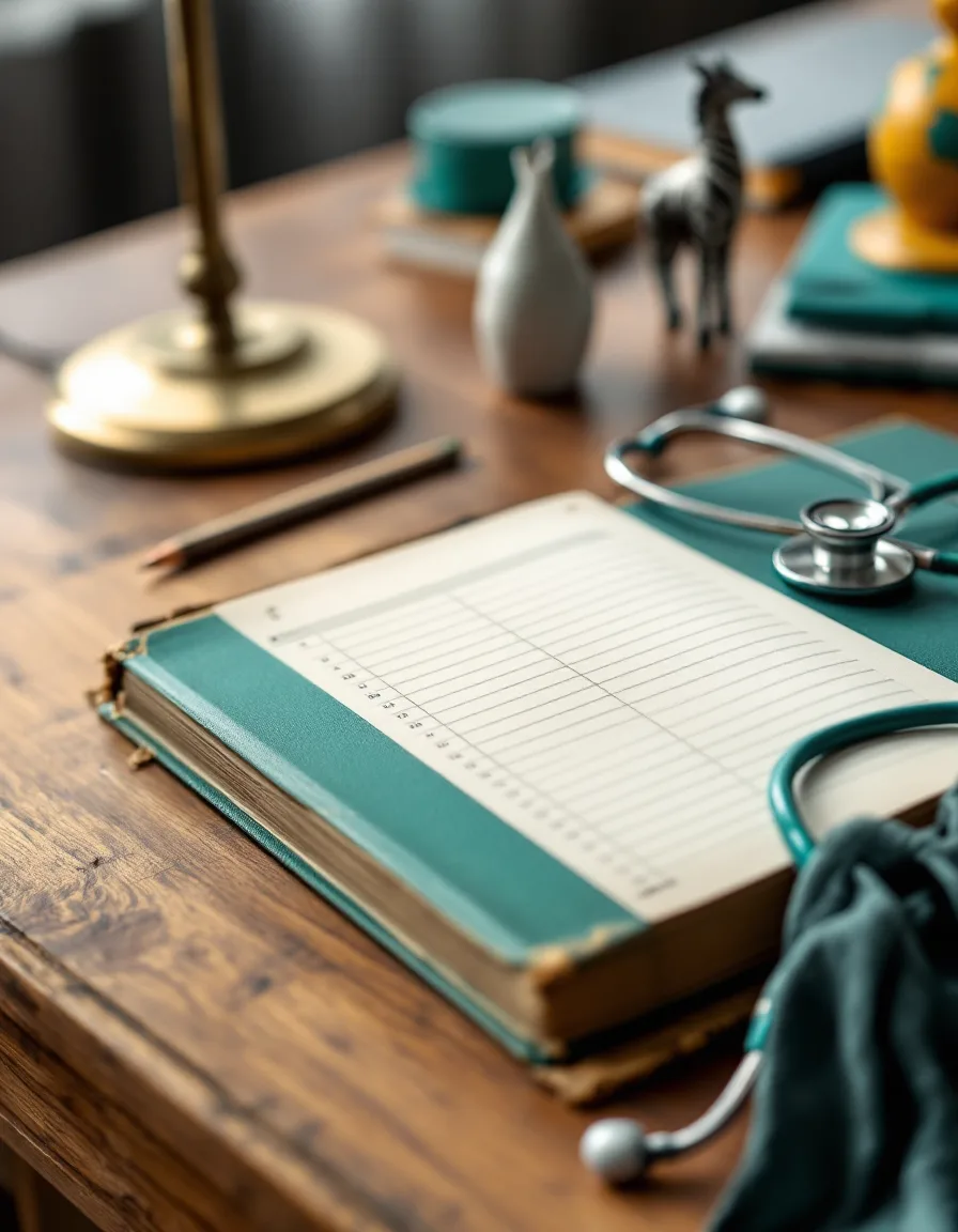 An open ledger on an oak desk with a pencil and a stethoscope